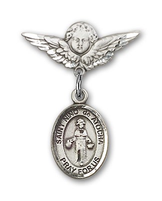 Pin Badge with St. Nino de Atocha Charm and Angel with Smaller Wings Badge Pin - Silver tone