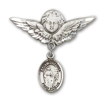 Pin Badge with St. Susanna Charm and Angel with Larger Wings Badge Pin - Silver tone