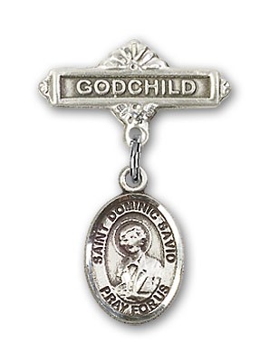 Pin Badge with St. Dominic Savio Charm and Godchild Badge Pin - Silver tone