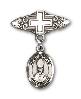 Pin Badge with St. Anselm of Canterbury Charm and Badge Pin with Cross - Silver tone