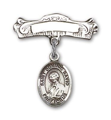 Pin Badge with St. Dominic Savio Charm and Arched Polished Engravable Badge Pin - Silver tone