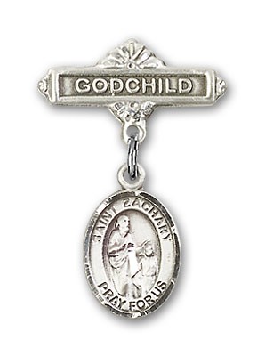 Pin Badge with St. Zachary Charm and Godchild Badge Pin - Silver tone