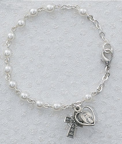 Irish First Communion Faux Pearl Bracelet with Miraculous and Celtic Cross Charm - Pearl White