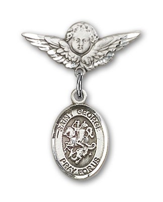 Pin Badge with St. George Charm and Angel with Smaller Wings Badge Pin - Silver tone