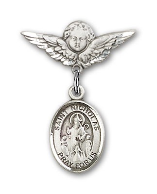 Pin Badge with St. Nicholas Charm and Angel with Smaller Wings Badge Pin - Silver tone
