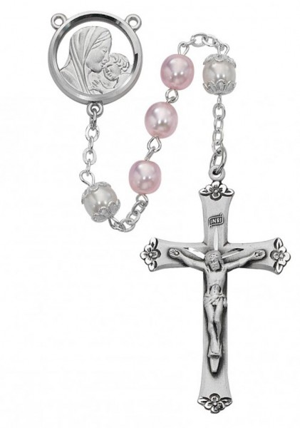 Pink and White Rosary with Sterling Silver Crucifix - White