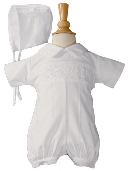 Pintucked Baptism Romper with Hand Smocked Front Panel - White