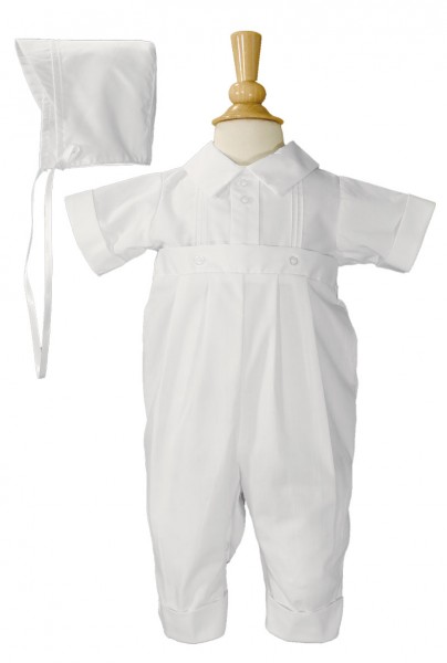 Boys Poly-Cotton Baptism Coverall with Pin Tucking - White