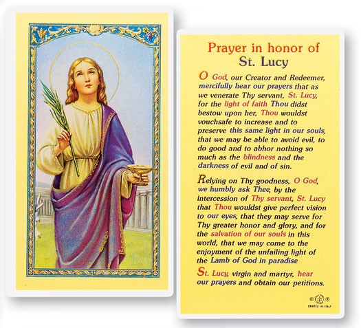 Prayer In Honor of St. Lucy Laminated Prayer Card - 1 Prayer Card .99 each