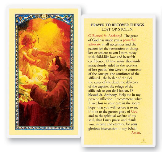 Prayer To Recover Lost Things Laminated Prayer Card - 1 Prayer Card .99 each