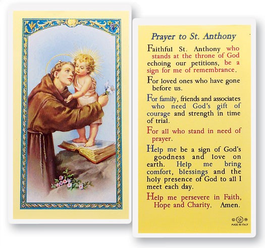 Prayer To St. Anthony Holy Card Laminated Prayer Card - 1 Prayer Card .99 each