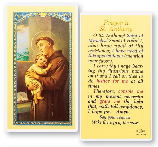 Prayer To St. Anthony Laminated Prayer Card - 1 Prayer Card .99 each