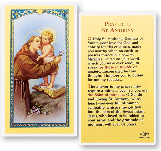 Prayer To St. Anthony Laminated Prayer Card - 1 Prayer Card .99 each