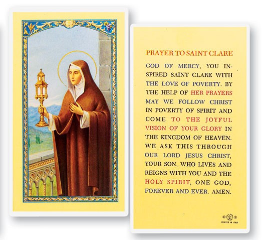 Prayer To St. Clare Laminated Prayer Card - 1 Prayer Card .99 each
