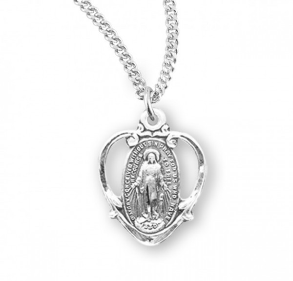 Pretty Cut-Out Heart Miraculous Medal Necklace - Sterling Silver