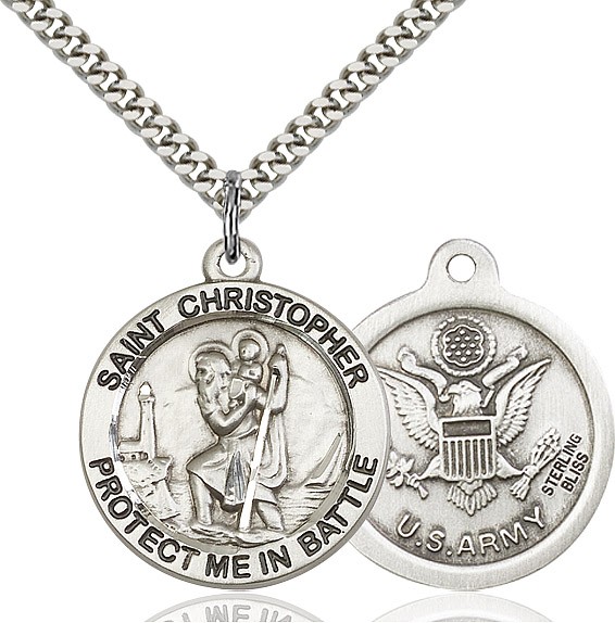 Protect Me In Battle Round St. Christopher Army Necklace - Sterling Silver