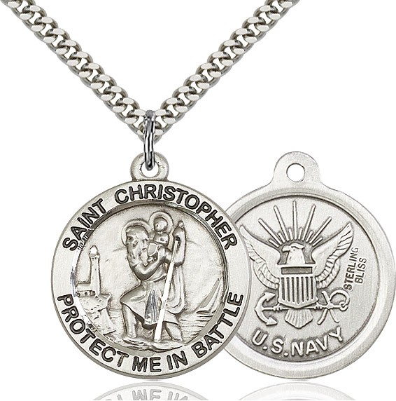 Protect Me In Battle Round St. Christopher Navy Necklace - Sterling Silver