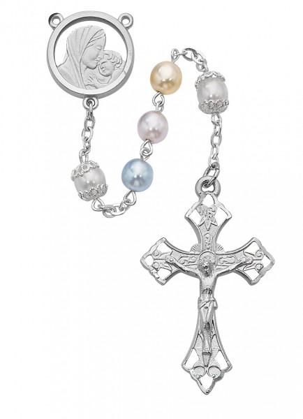 Rhodium Plated Multi-Colored Pearlized Bead Rosary - Pearl White