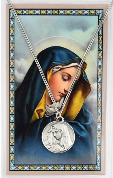 Round Our Lady of Sorrows Medal with Prayer Card - Silver tone