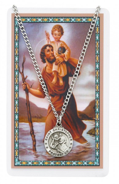 Round St. Christopher Medal with Prayer Card - Silver tone