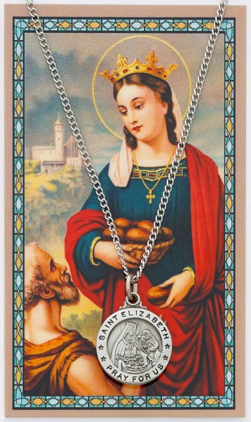 Round St. Elizabeth of Hungary Medal with Prayer Card - Silver tone