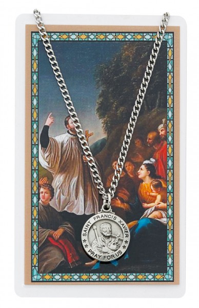 Round St. Francis Xavier Medal with Prayer Card - Silver tone