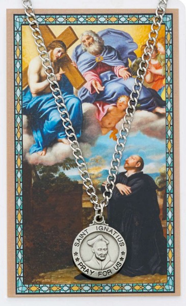 Round St. Ignatius of Loyola Medal with Prayer Card - Silver tone
