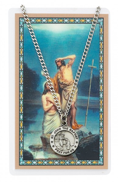 Round St. John The Baptist Medal with Prayer Card - Silver tone