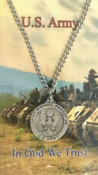 Round St. Michael Army Medal with Prayer Card - Silver tone