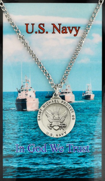 Round St. Michael Navy Medal with Prayer Card - Silver tone