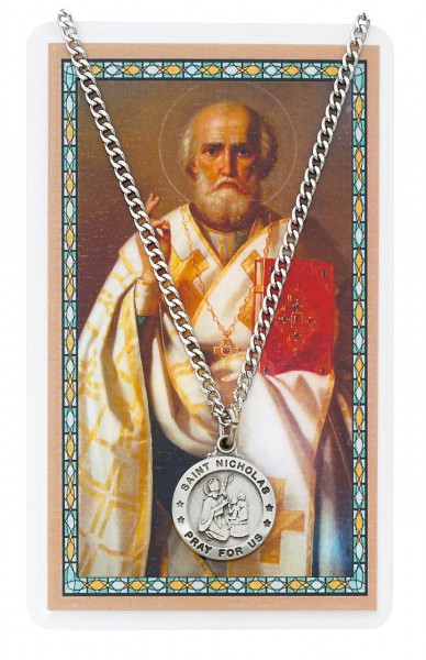 Round St. Nicholas Medal with Prayer Card - Silver tone