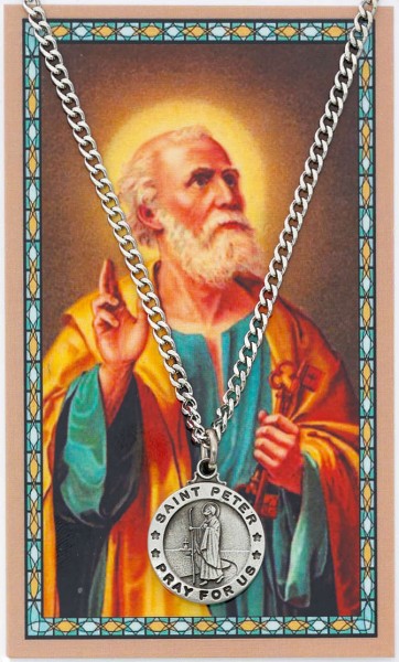 Round St. Peter Medal with Prayer Card - Silver tone