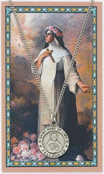 Round St. Rose of Lima Medal with Prayer Card - Silver tone