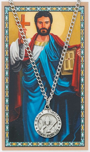 Round St. Timothy Medal with Prayer Card - Silver tone