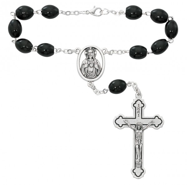 Sacred Heart Black Wood Auto Rosary - Black