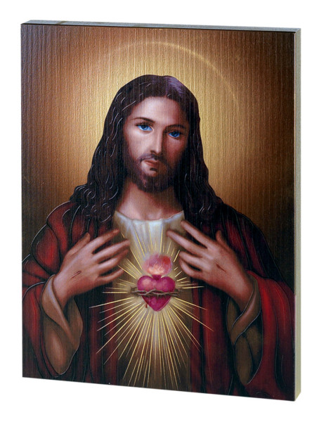 Sacred Heart of Jesus Embossed Wood Plaque - Full Color