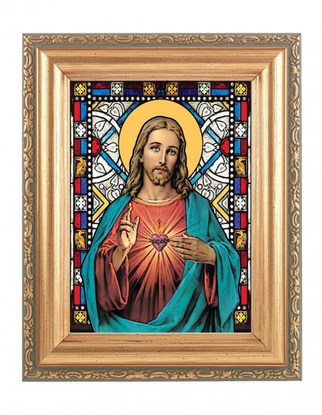 Sacred Heart of Jesus Gold Frame Stained Glass Effect - Full Color