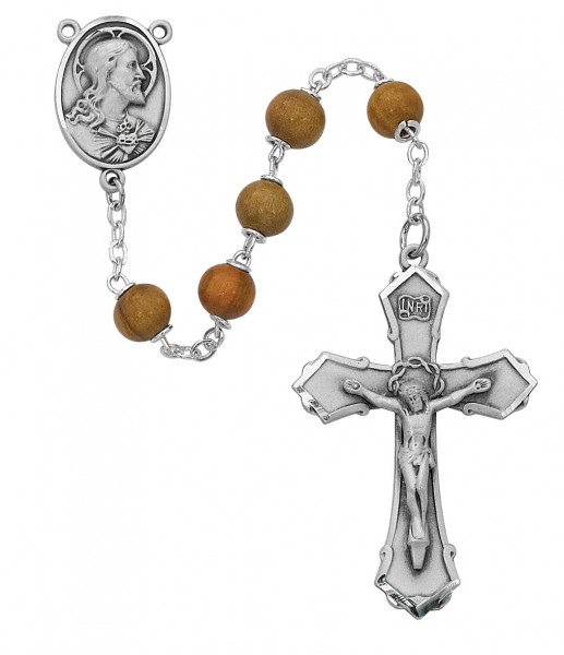 Sacred Heart Silver Oxidized Rosary - Brown