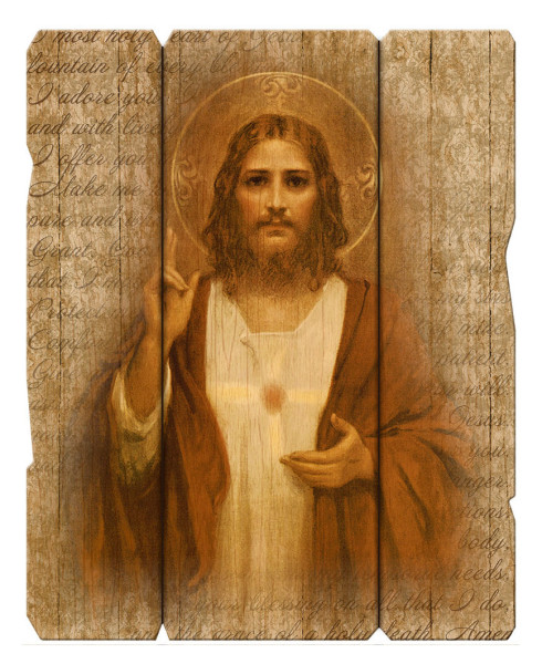 Sacred Heart Wall Plaque in Distressed Wood - Full Color