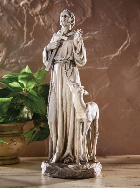 Saint Francis with Deer 12.75 Inch High Statue - Stone Finish