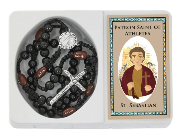 Saint Sebastian Football Rosary w Prayer Card - Black
