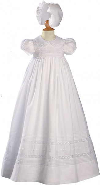 Short Sleeve Cotton and Cluny Lace Baptism Gown - White