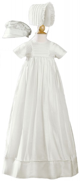 Short Sleeve Silk Dupioni Family Christening Gown - White
