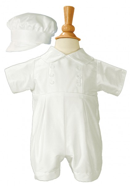 Silk Baptism Romper with Button Accents - White