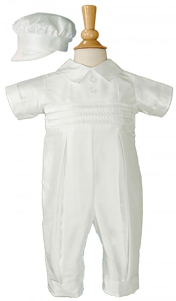Silk Dupioni Baptism Coverall with Peter Pan Collar - White
