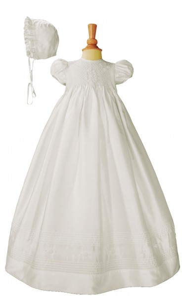 Silk Dupioni Baptism Gown with Smocked Bodice - White