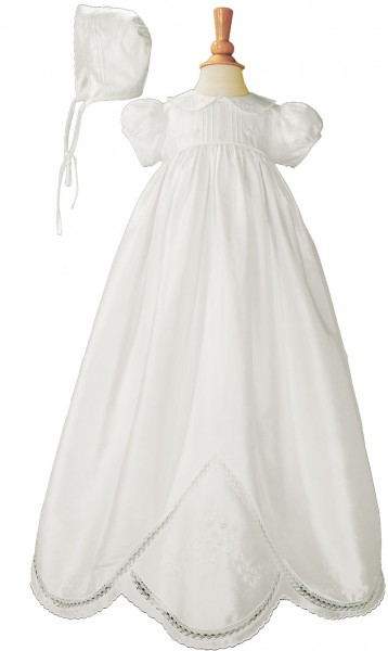 Silk Dupioni Christening Gown with Hand Embroidery - White