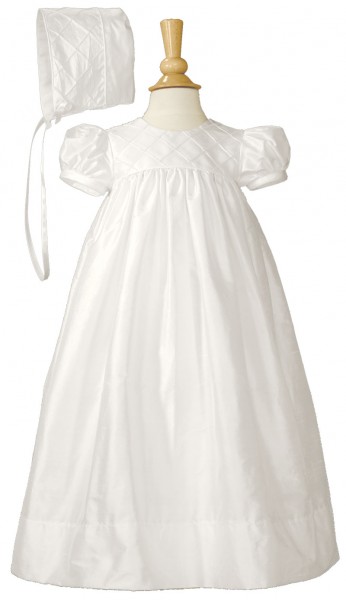 Silk Dupioni Christening Gown with Lattice Bodice - White