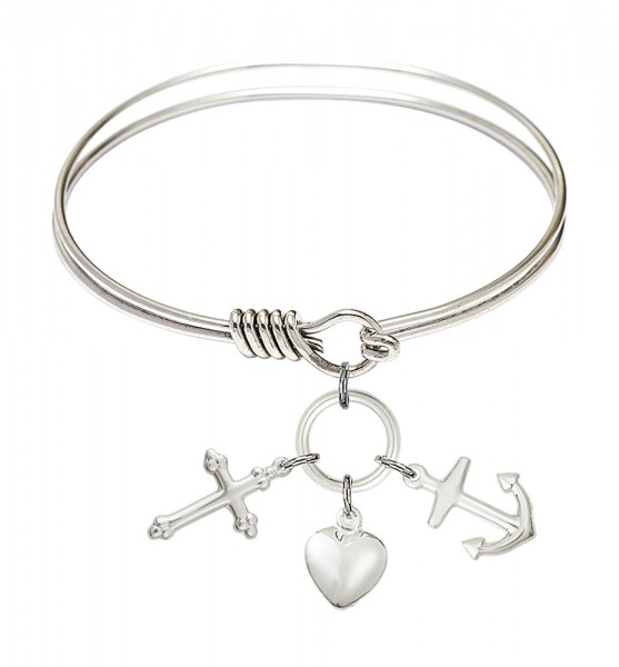 Smooth Bangle Bracelet with a Faith, Hope &amp; Charity Charm - Silver