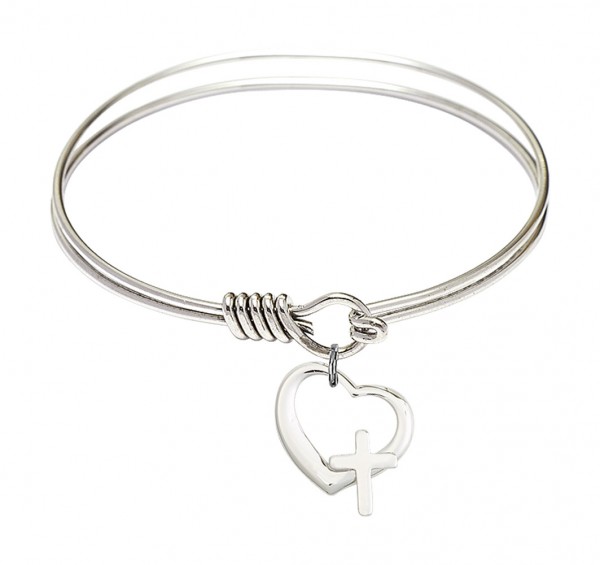 Smooth Bangle Bracelet with a Heart and Cross Charm - Silver
